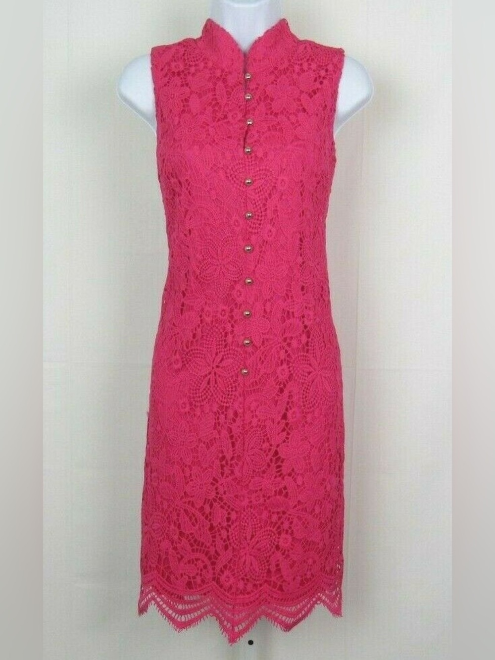 VTG 1970s 80s JESSICA HOWARD CROCHETED FLORAL LACE DRESS 12P PINK MAGENTA COLOR